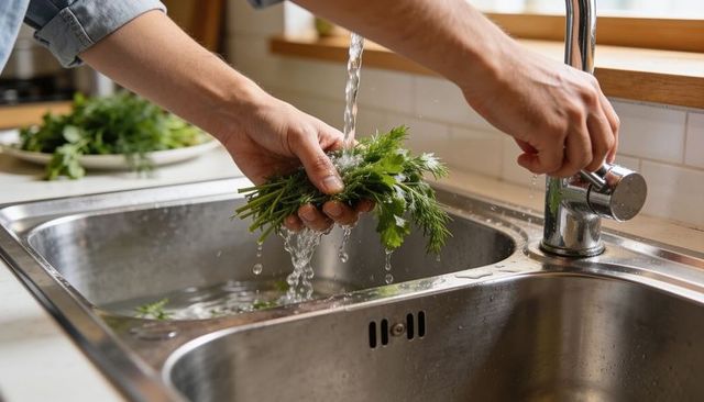 Washing fresh herbs under running tap in stainless steel kitchen sink