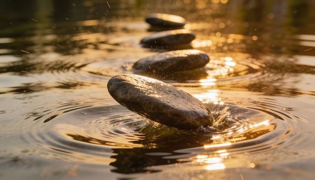 Skipping stone gliding over golden water creating ripples, splashes and sunlight reflections