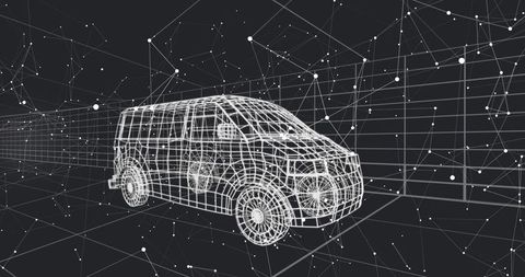 Wireframe Passenger Van 3D Mesh in Virtual Grid Network for CAD and Simulation