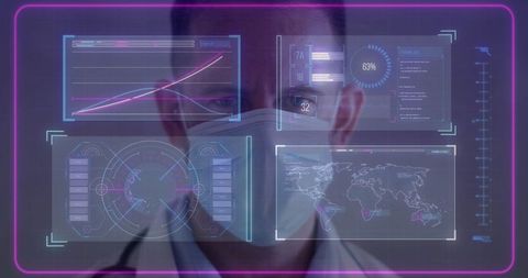 Scientist Analyzing Holographic Data Displays with Mask in Lab