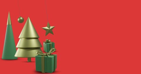 Festive Christmas Decorations with Green Trees on Red Background