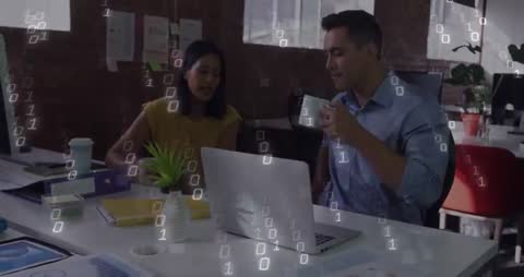 Colleagues Analyzing Data on Laptop with Animated Binary Code