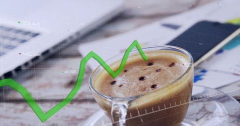 Workspace Espresso Cup with Financial Graph Overlay Showing Growth and Analytics