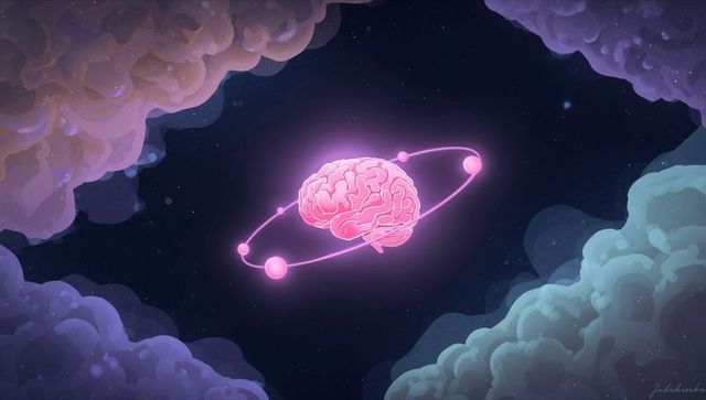Neon Pink Brain Orbiting in Pastel Cosmic Nebula