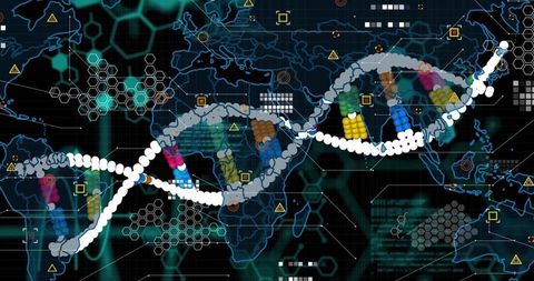 Winding multicolor dna double helix crossing digital map with hexagon biotech interface