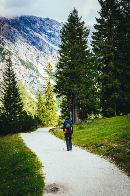 Hiker trekking on mountain trail through Alpine forest, carrying backpack. Ideal for outdoor adventure enthusiast promotions, travel brochures, nature exploration articles, and advertisements for hiking gear.