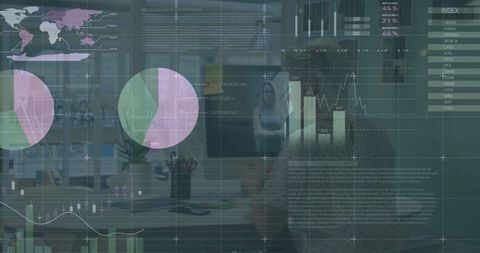 Fashion Designer Analyzing Data with Digital Overlays of Graphs and Charts