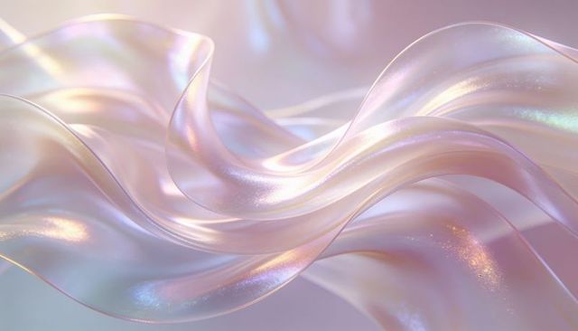 Flowing iridescent pearlescent ribbons waving across soft pastel luminous gradient