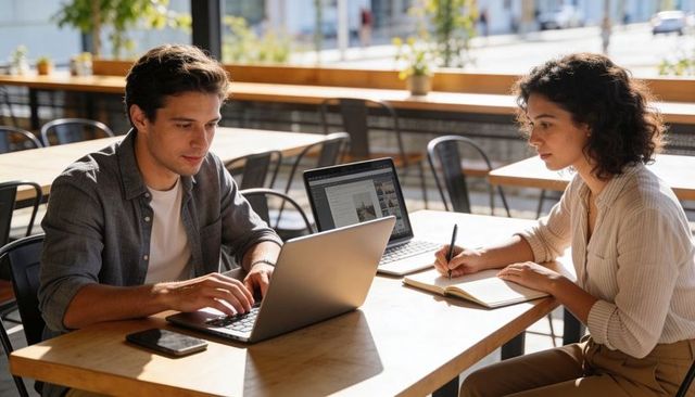 Young professionals collaborating in sunlit cafe with laptops notebook, focused teamwork