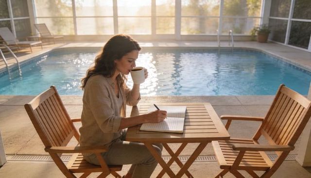 Woman journaling and sipping coffee by sunlit screened pool at wooden bistro table
