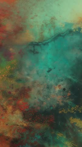 Vertical studio reveal showcasing shifting teal and warm copper metallic texture on abstract canvas