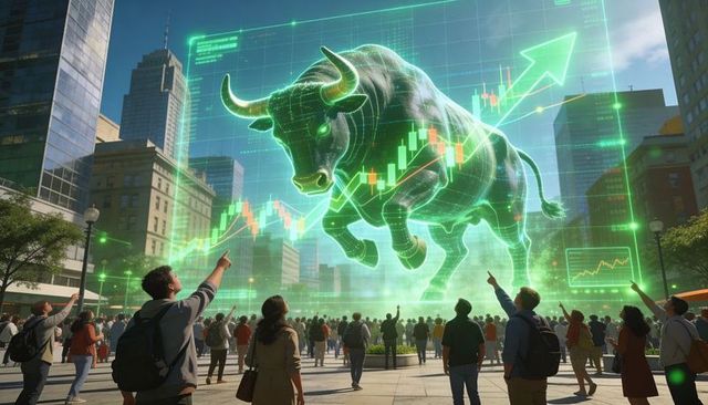 Green holographic bull market projection over urban plaza with crowd pointing and filming