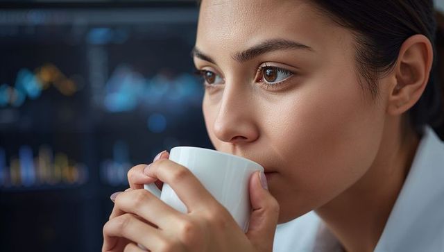 Young professional sipping coffee while studying blurred data charts on monitor screens