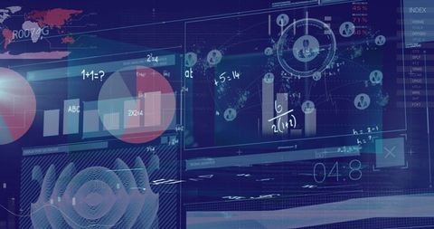 Digital interface showing complex data analytics on blue background