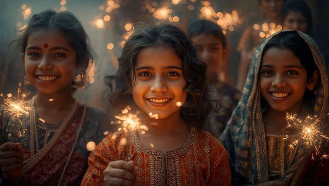 Joyful indian girls celebrating with sparklers at night