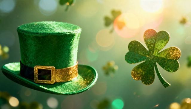 Green Leprechaun Top Hat and Glittering Shamrock Floating with Sunshine Bokeh