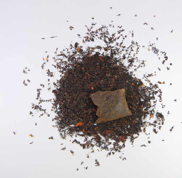 This image shows a close-up view of a used tea bag surrounded by loose tea leaves on a white background. It is perfect for illustrating concepts related to tea, beverage preparation, and relaxation. It can be used in articles about the benefits of tea, food blogs, promotions for tea brands, or as part of wellness and lifestyle content.