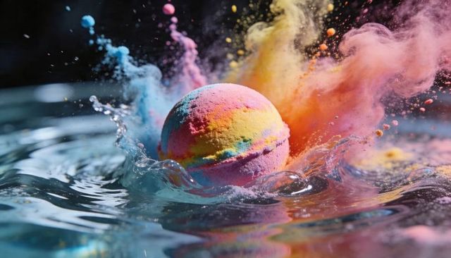 Bath bomb splashing releasing pastel powder plume over glossy water surface