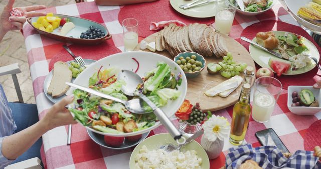 Family enjoying outdoor picnic with a wide variety of fresh, healthy food on a red checkered tablecloth. Perfect for marketing summer activities, outdoor dining experiences, healthy lifestyle campaigns, and social gatherings concepts.