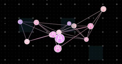 Neon Social Network Map Connecting Pink and Purple Nodes on Dark Grid with Glowing Links