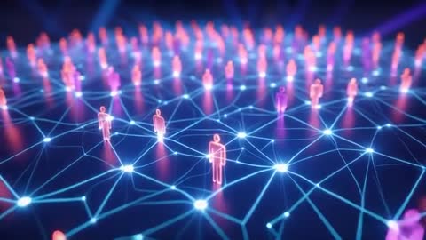 Digital Network of Glowing Nodes and Neon Silhouettes