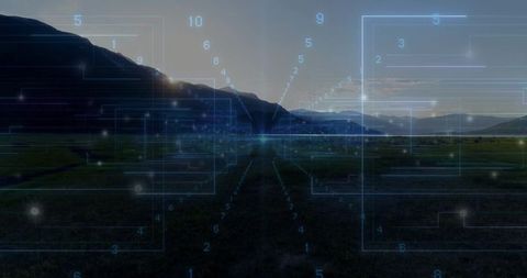 Futuristic grid overlay with numeric markers in green valley