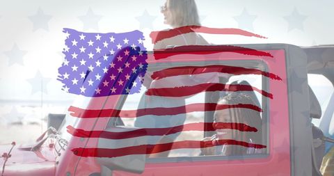 Diverse Women Enjoying Beach in Car with USA Flag Overlay