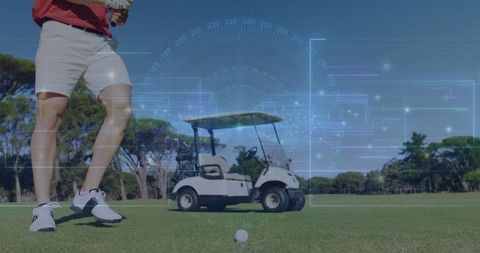 Male Golfer Preparing Shot with Virtual Data Overlay on Fairway