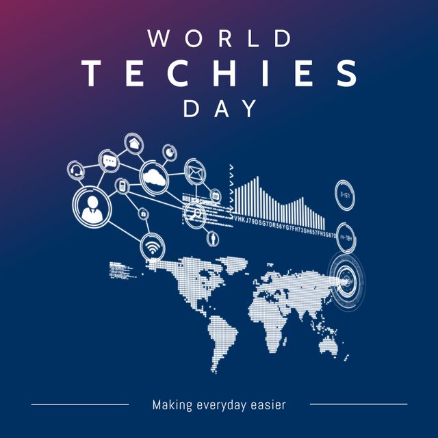 Ideal for promoting World Techies Day, this digital graphic highlights the convergence of technology and data visualization. The world map and interconnected media icons symbolize global connectivity and tech innovations, making it perfect for social media posts, event invitations, tech-related marketing, and educational content on technological advancements.