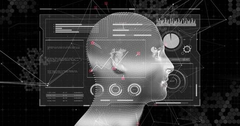 Futuristic 3D Wireframe Head with Interactive Data HUD, Analytics Charts and Network Nodes