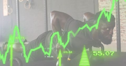Holding kettlebell plank with neon performance graph overlay for fitness data concept