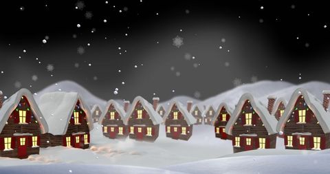 Snow Falling over Quaint Winter Village with Christmas Lights