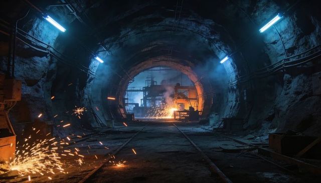 Underground smelting tunnel emitting orange sparks and molten metal glow, industrial furnace interio