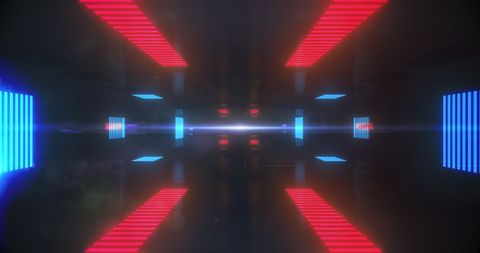 Futuristic glowing tunnel with red and blue luminescent stripes