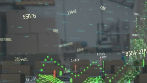 Digital Graphs Overlay on Warehouse Highlighting Global Business Trends