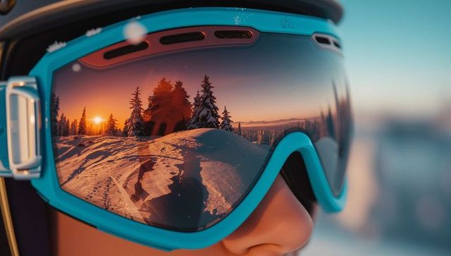 Skier's Goggles Reflecting Winter Sunset on Snowy Slope
