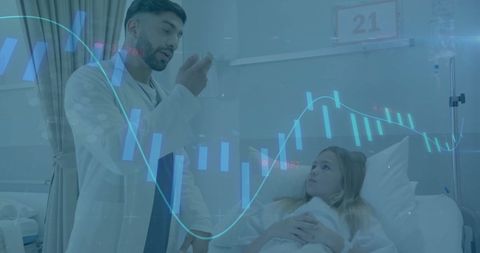 Doctor Consulting Young Patient with Financial Data Overlay