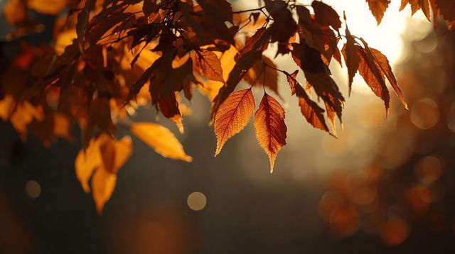 Glowing backlit autumn leaves catching golden hour light with warm bokeh and soft glow