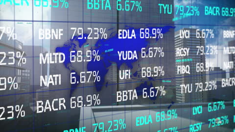 Digital Display of Stock Market Data Over Urban Skyline