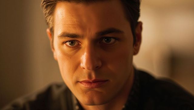 Gazing young man showing pensive mood in warm moody closeup headshot with soft bokeh