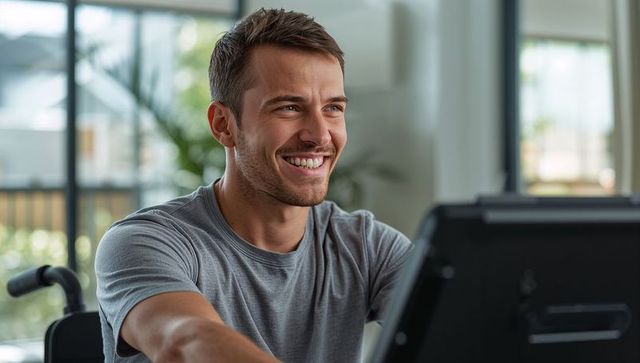 Smiling man exercising on adaptive machine in home gym using wheelchair for rehab and recovery