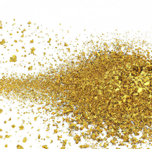 Scattered gold fragments lie against a white background, creating a striking visual effect with their golden color and textured appearance. This image can be used to represent luxury, wealth, and opulence in advertising, promotional materials, and financial or commercial publications. Suitable for use in design projects that require a rich, luxurious texture.