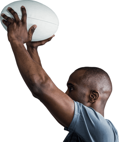 Rugby player preparing to throw rugby ball isolated on transparent background