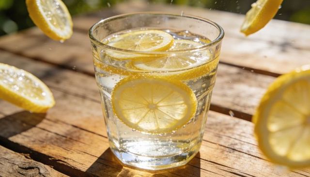 Sunlight glinting on lemon water bubbling in clear glass on rustic wood table