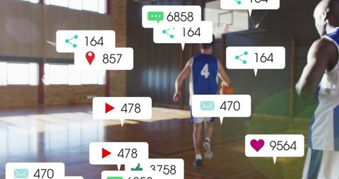 Basketball Player on Court with Social Media Engagement Icons