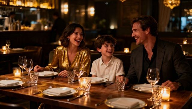 Laughing family enjoying candlelit dinner in upscale restaurant with elegant attire