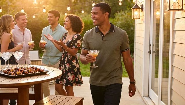 Friends enjoying backyard cocktail party during golden hour with grilled kebabs