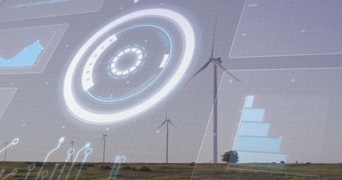 Wind Turbines with Futuristic Digital Interface Overlays