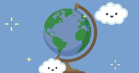 Cute Globe Illustration with Cloud Faces on Blue Background