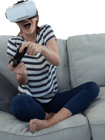 transparent excited woman enjoying vr gaming on sofa - Download Free Stock Videos Pikwizard.com